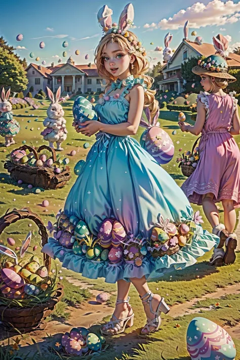 <lora:EasterEggsWorld:1> (EasterEggsWorld:1.2) (many girls:1.2) running on the green field (long dress colorful:1.3)  <lora:people_count_slider_v1:3>