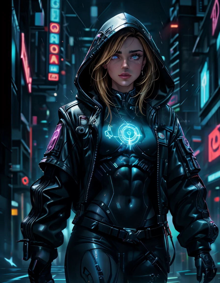 (movie poster:1.3), IMDB movie poster of (Gabby_Stallone) as a cyberpunk street mage wearing ornate hooded leather tech robes, neon light, casting spell pose, night, rain, cyberpunk inspired background, (masterpiece:1.2), best quality techwear magic circle, magic, neon lights/hologram glowing eyes, neon lighting