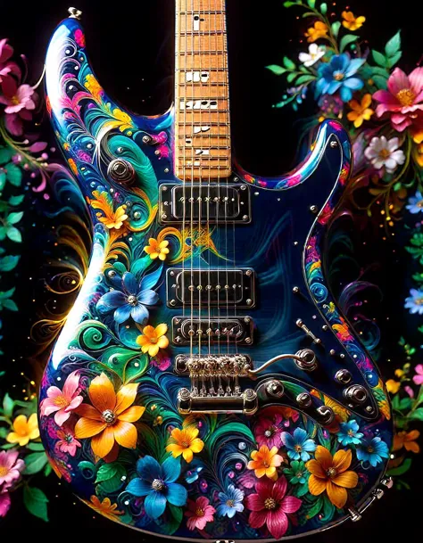 shiny burst shred intricate details sleek clear sapphire guitar closeup, engulfed in vibrant translucent floral swirls, chrome, ...