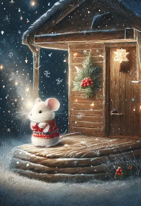 a tiny White-footed mouse in a christmas sweater looking lights on the outside of a log cabin at night.  Smoke is coming out of the chimney and there are many stars out.