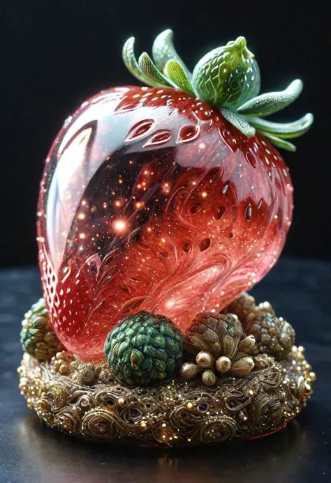 A realistic photo of (intricate transparent glass interstellar nebula Strawberry statue made of galaxies, flora and fauna, hyper...