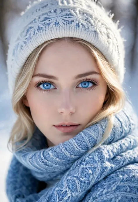 a woman with snow-inspired macroscopic patterns. bright blue eyes. Highlight concentric circles, dendritic, and lattice patterns...