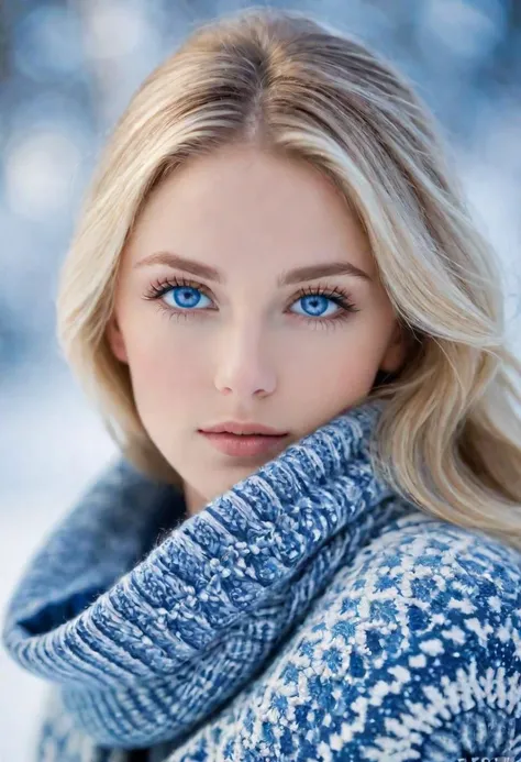 a woman with snow-inspired macroscopic patterns. bright blue eyes. Highlight concentric circles, dendritic, and lattice patterns...