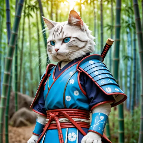 Un antiguo gato samurái azul antropomórfico ruso, Antigua armadura samurai, fotografía, Hermoso, bokeh, bosque de bambú, luz de la luna, Vistoso, mcomoterpiece, calidad superior, mejor calidad, arte oficial, Hermoso and aesthetic, Realista,  secuencia de imágenes de algo ó alguien en movimiento, épico, Realista, Rutkowsky, hdr, detalles intrincados, hiperdetallado, cinematográfico, Luz de llanta, (colores apagados:1.2), comod, como,d ,comod ,a sd, cinematográfico  photoRealista, iluminación natural 8k uhd, CRUDO, rico, detalles intrincados, clave visual, iluminación atmosférica, fotografía de 35 mm, película, bokeh, Profesional, 4k, muy detallado