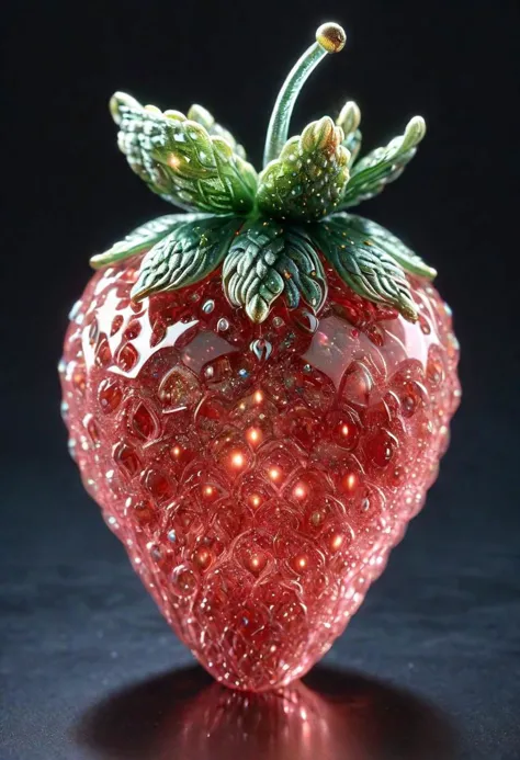 A realistic photo of (intricate transparent glass interstellar nebula Strawberry statue made of galaxies, flora and fauna, hyper...