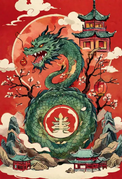 eastern dragon,chinese dragon,(solo:1.5),Centered dragon head,serpentine,majestic,a circle with a pinetrees inside,paper lantern...