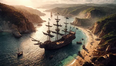 cinematic photorealistic photo medium distance from above of an old wooden pirate battle ship anchored in a bay near a sandy bea...
