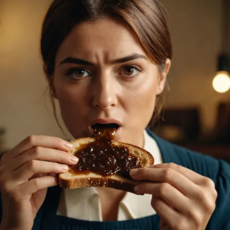 cinematic photo women eating Marmite on toast and making a disgusted face., cinematic  photorealistic, 8k uhd natural lighting, ...