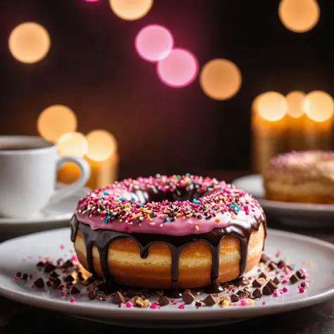 cinematic photo magic doughnut on dish glassed with pink and chocolate, sprinkles, delicious, perfect baked , OverallDetail-SDXL...