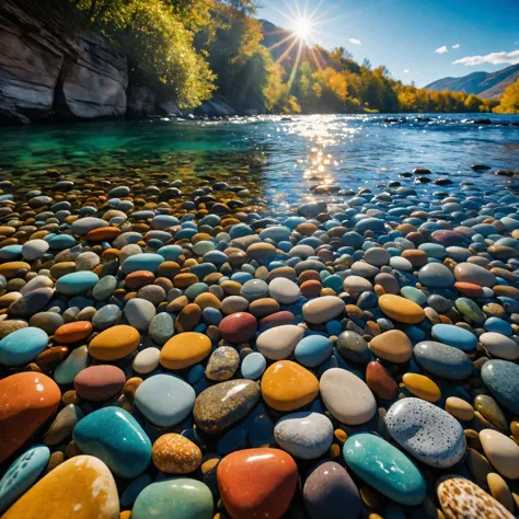 cinematic photo a long exposer photograph of a river with colourful  but natural river rocks under the water, windows xp bliss w...