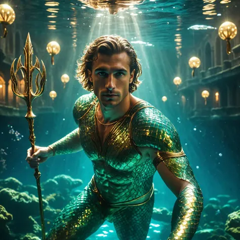 cinematic photo close up portrait of Merman King swimming under water, holding glowing trident, floating electricity orbs, surfa...
