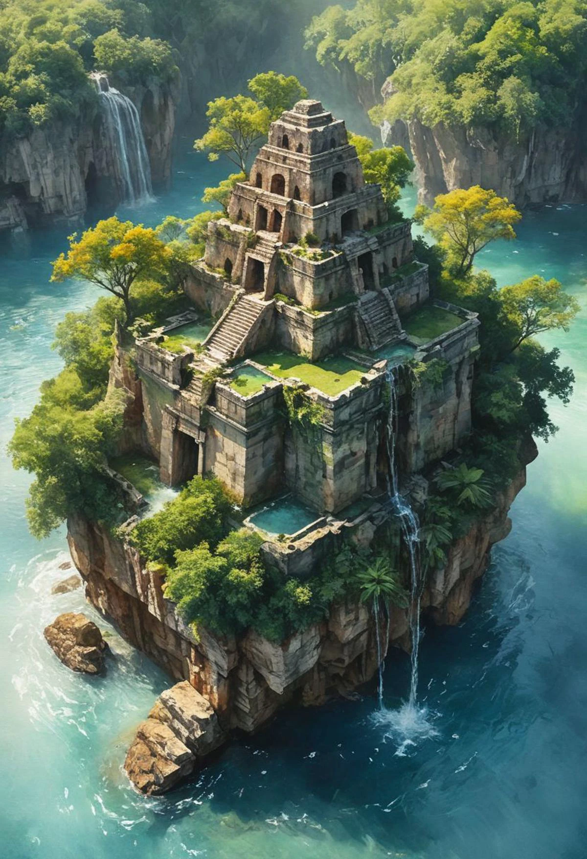 A stunning, hyper-realistic fantasy scene. An aerial view of a floating island showcasing the majestic ruins of ancient Mayan civilization. Water flows gracefully from the high structures, cascading down and eventually spilling over the island's edge, otherworldly beauty, reminiscent of a fantastical paradise, super sharp, crisp, clear, true to life, raw, real, realistic, extremely high-resolution details, fine texture, incredibly life like, clear and detailed throughout, watercolor