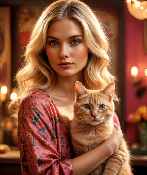 Photograph of a beautiful blonde woman holding a Cat , 1970s backdrop filled with chic illustrations, lush brushstrokes, valenti...