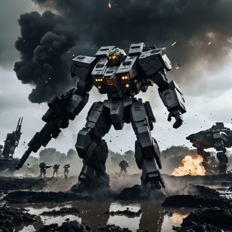 cinematic photo cinematic photo A huge 100ft tall big bulky Thick armored Grey future Robot mech ,((raising its  guns weapons to...