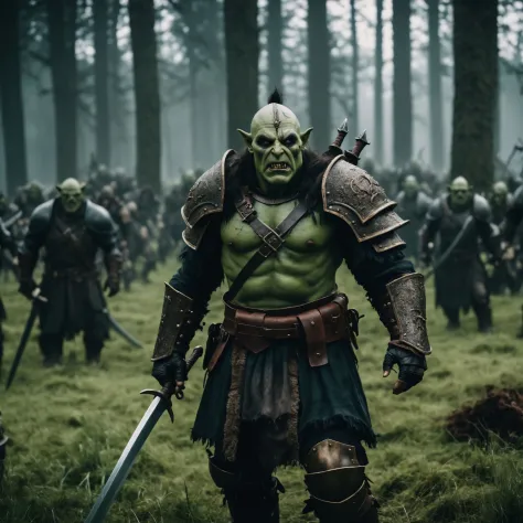 cinematic photo cinematic photo full frame wide shot , Horror-themed (greenskin) cinematic a battlefiels full of scary orcs in a...