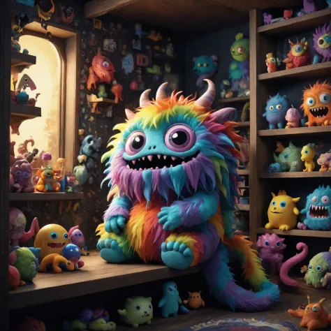 A cute monster with a rainbow-colored fur coat, a long tail, and big, round eyes. The monster is sitting on a cluttered shelf in...