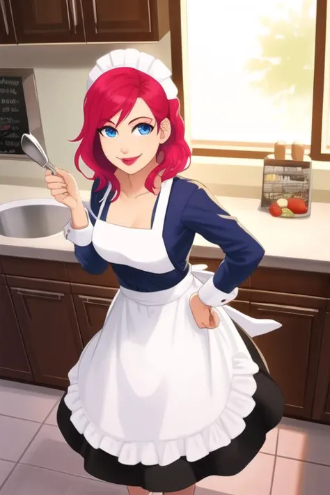 A solo woman depicted wearing an apron and in a kitchen. The apron should be stylish and practical, with a design that complements the woman's figure and flatters her curves. The woman should have red hair, blue eyes, and a charming smile, and she should be wearing makeup and lipstick. She should be shown posing playfully and confidently in the kitchen, with her body posture and facial expression conveying her beauty and attractiveness. The kitchen should be well-equipped and modern, with a design that is functional and stylish. The lighting should be natural and atmospheric, and the overall aesthetic should be playful and feminine. The image should be rendered in a realistic style, using vibrant and lifelike colors and highly detailed textures. The composition should be dynamic and engaging, with the kitchen serving as the backdrop for the woman's stylish apron and her playful and confident pose.