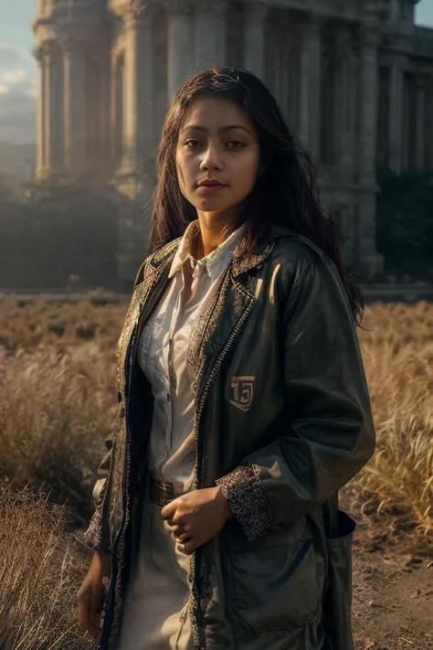 a woman standing in a field with a building in the background