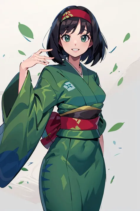 a woman in a green kimono outfit holding a cigarette