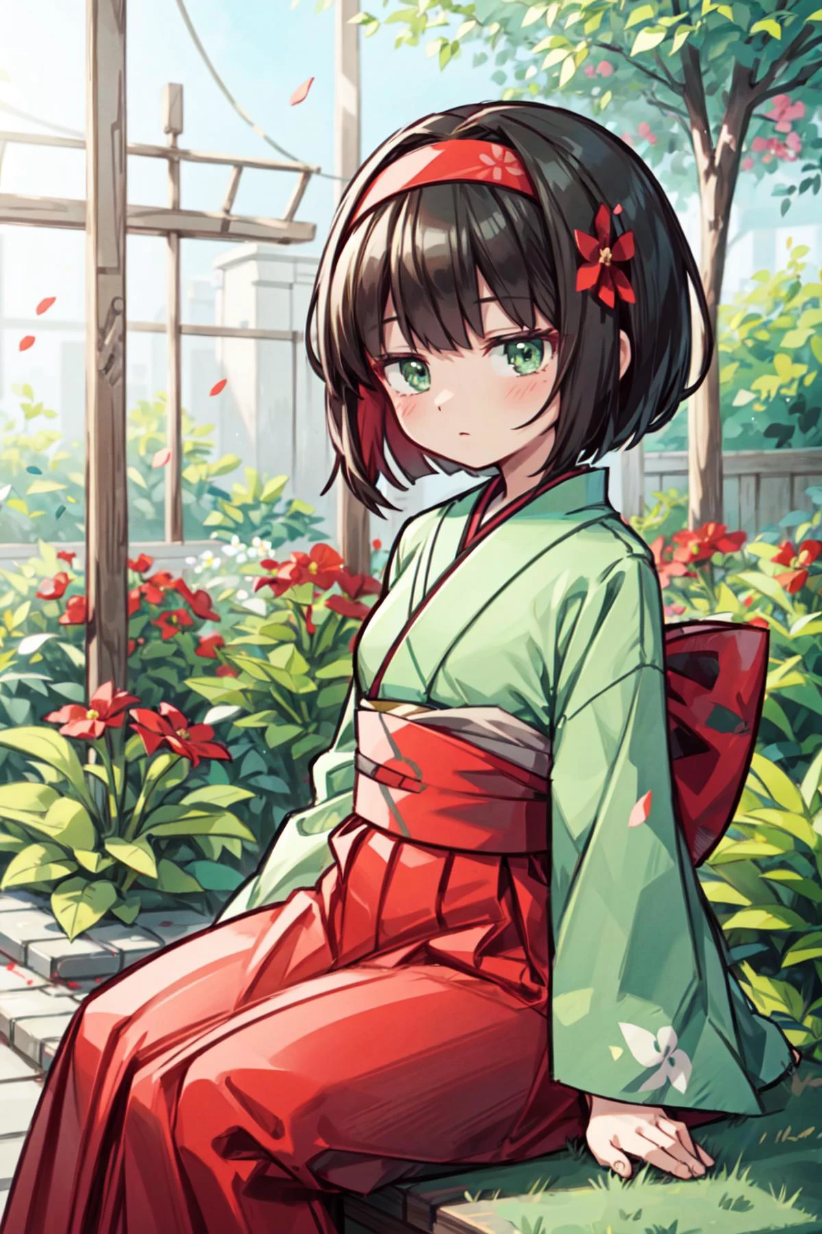 1girl, solo, seated, holding a pokeball, Erika_Pokemon, green eyes, short black hair, kimono, red hakama, red hairband, flowers, garden, detailed background, 