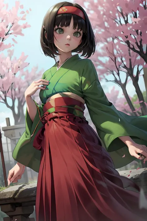 a woman in a green and red kimono outfit standing next to a tree