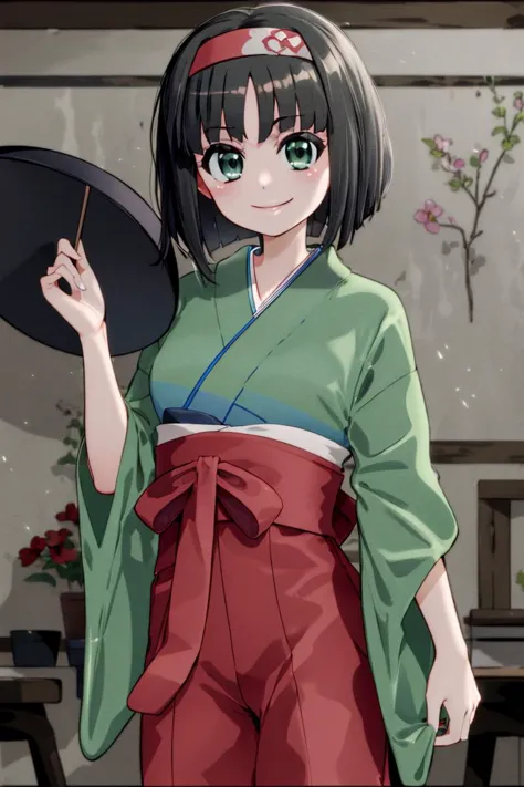 <lora:Mantis_Style:0.8>,((masterpiece,best quality)),  <lora:Erika_Pokemon_Anime_Dim32:0.8>, Erika_Pokemon, green eyes, short black hair, kimono, hakama, red hairband, solo, smiling, looking at viewer, cowboy shot,  cinematic composition,