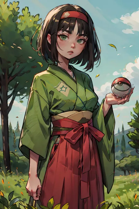 a woman in a green kimono holding a red ball