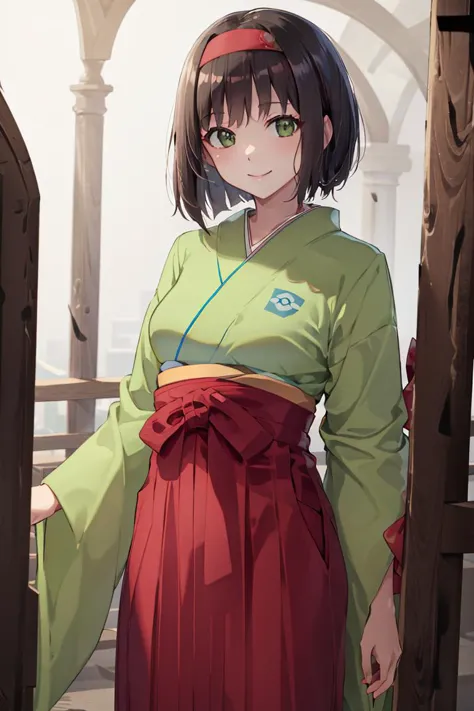 <lora:Alex_Ahad_Style :0.8>,((masterpiece,best quality)), absurdres, <lora:Erika_Pokemon_Anime_Dim32:0.8>, Erika_Pokemon, green eyes, short black hair, kimono, hakama, red hairband, solo, smiling, looking at viewer, cowboy shot,  cinematic composition,