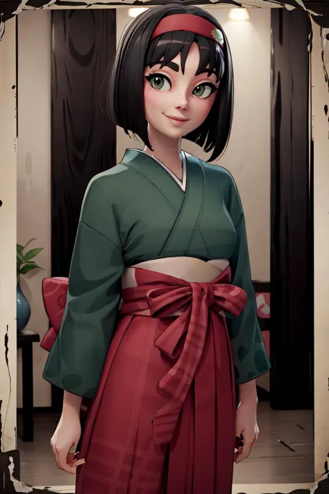 <lora:Alpha:0.8>,((masterpiece,best quality)),  <lora:Erika_Pokemon_Anime_Dim32:0.8>, Erika_Pokemon, green eyes, short black hair, kimono, hakama, red hairband, solo, smiling, looking at viewer, cowboy shot,  cinematic composition,