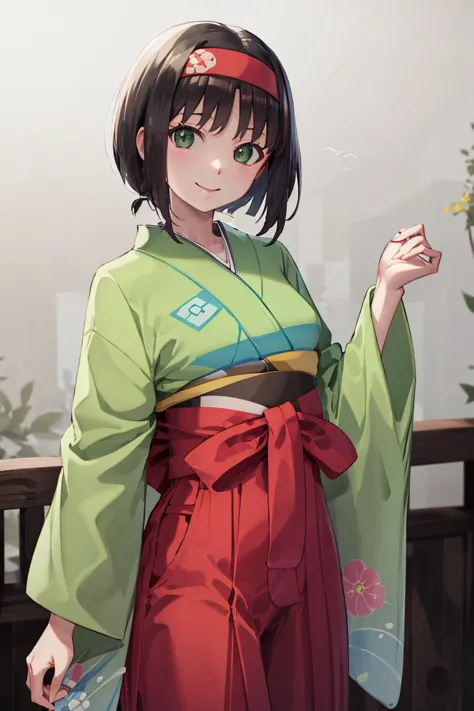 anime girl in kimono outfit with a red sash and green eyes