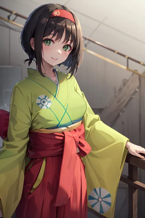 <lora:Sameyama_Jiro_Style_Dim32 :0.8>,((masterpiece,best quality)), absurdres, <lora:Erika_Pokemon_Anime_Dim32:0.8>, Erika_Pokemon, green eyes, short black hair, kimono, hakama, red hairband, solo, smiling, looking at viewer, cowboy shot,  cinematic composition,