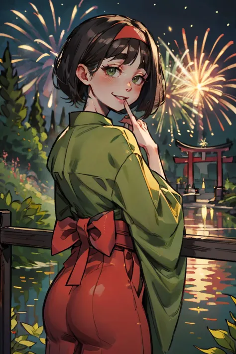 a woman in a kimono outfit standing in front of a lake