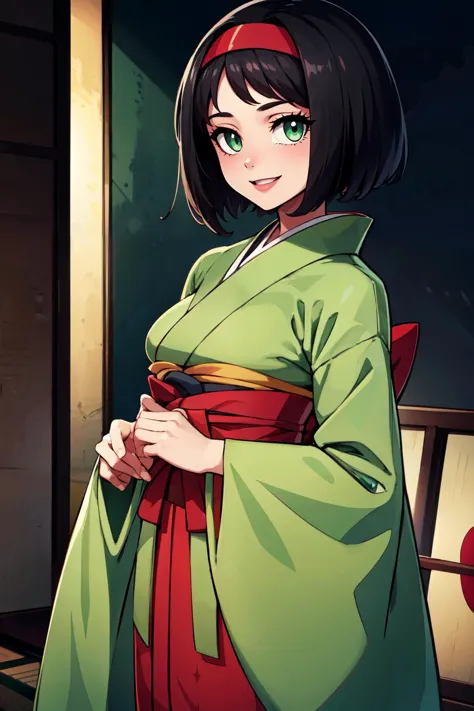 a woman in a green kimono is standing in front of a window