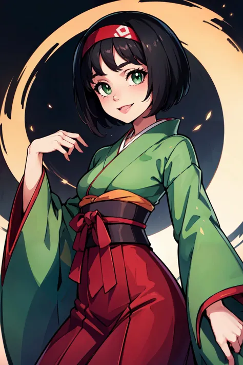 a woman in a green and red kimono outfit standing in front of a full moon