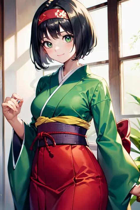 ((masterpiece,best quality)), absurdres,   <lora:Erika_Pokemon_v2:0.7>,    erika (pokemon), green eyes, short black hair, kimono, Japanese clothes,  hakama, red hairband,   smile, looking at viewer, cowboy shot,