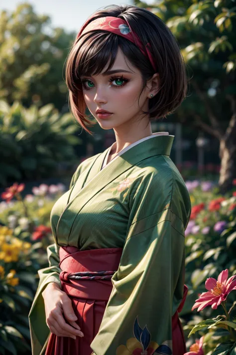 (ultra realistic,32k, masterpiece:1.2),(high detailed skin:1.1),( high quality:1.1),    <lora:Erika_Pokemon_v2:0.6>,    erika (pokemon), green eyes, short black hair, kimono, Japanese clothes,  hakama, red hairband,    blooming stars, flowers, garden, luminescent petals, otherworldly fragrance blurry background, (looking at viewer, standing:1.1),  <lora:add_detail:0.92>, (glowwave:1.1),