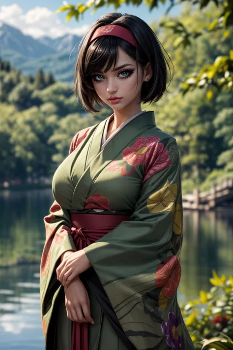 a close up of a woman in a kimono standing near a body of water