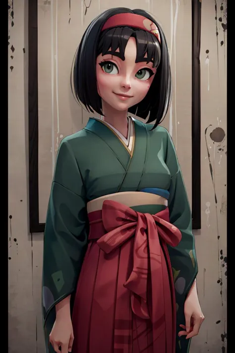 <lora:Alpha:0.8>,((masterpiece,best quality)),  <lora:Erika_Pokemon_Anime_Dim32:0.8>, Erika_Pokemon, green eyes, short black hair, kimono, hakama, red hairband, solo, smiling, looking at viewer, cowboy shot,  cinematic composition,