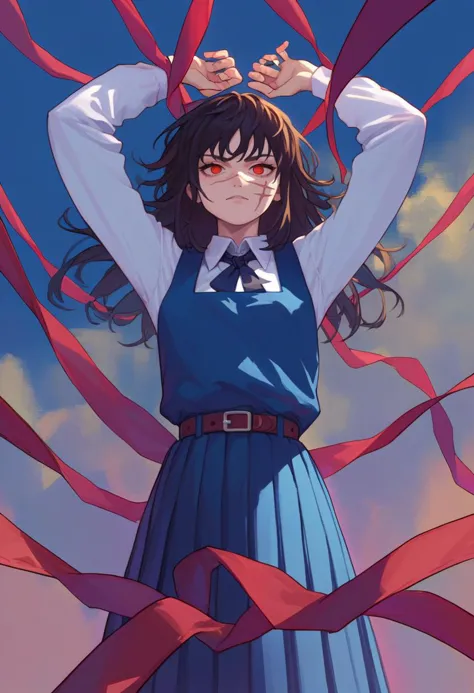 anime girl with long hair and blue dress holding red ribbon