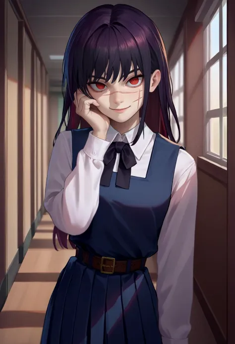 score_9, score_8_up, score_7_up, source_anime, solo, 1girl, csmyoru, scar on face, evil smile, looking at viewer, hand on own cheek, red eyes, ringed eyes, school uniform, pinafore dress, white shirt, ribbon, long sleeves, belt, indoors, hallway <lora:csm_yoru_ponyXL:1>