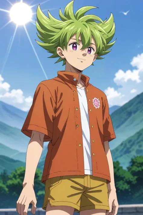 a man with green hair and a red shirt standing in front of a mountain