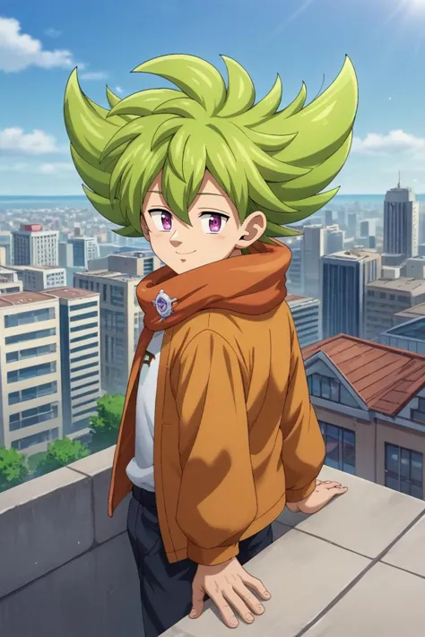 a young man with green hair standing on a ledge in front of a city