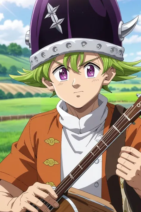 a man with green hair and a purple hat holding a guitar