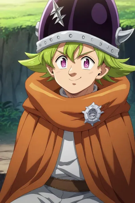 score_9, score_8_up, score_7_up, source_anime, rating_safe, , , , , 1boy, solo, male focus, <lora:percival_nnt_mny_pony:0.9>, percival_nnt_mny, green hair, purple eyes, helmet, upper body, death valley, light, sitting, naughty smile, , <lora:sdxl_lightning_8step_lora:1>