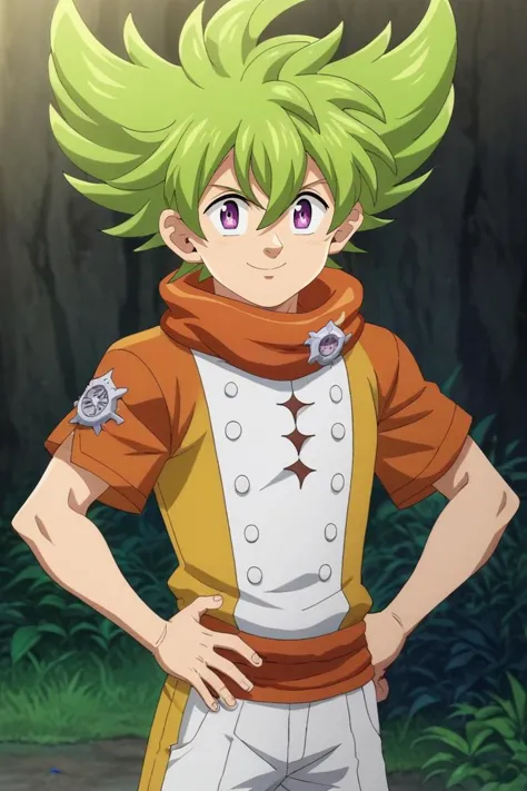 a young man with green hair and a brown shirt stands in front of a forest