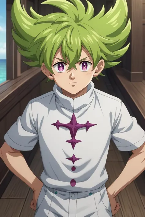 a man with green hair and a white shirt standing in front of a wooden floor