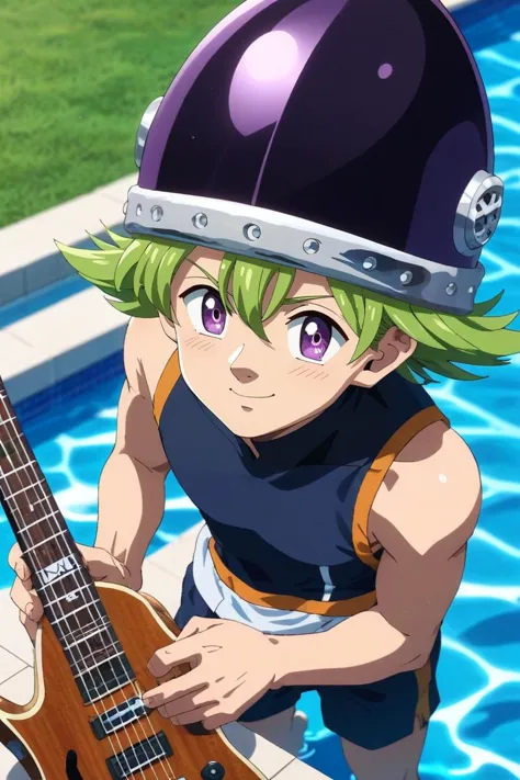 anime character with guitar in pool with helmet on