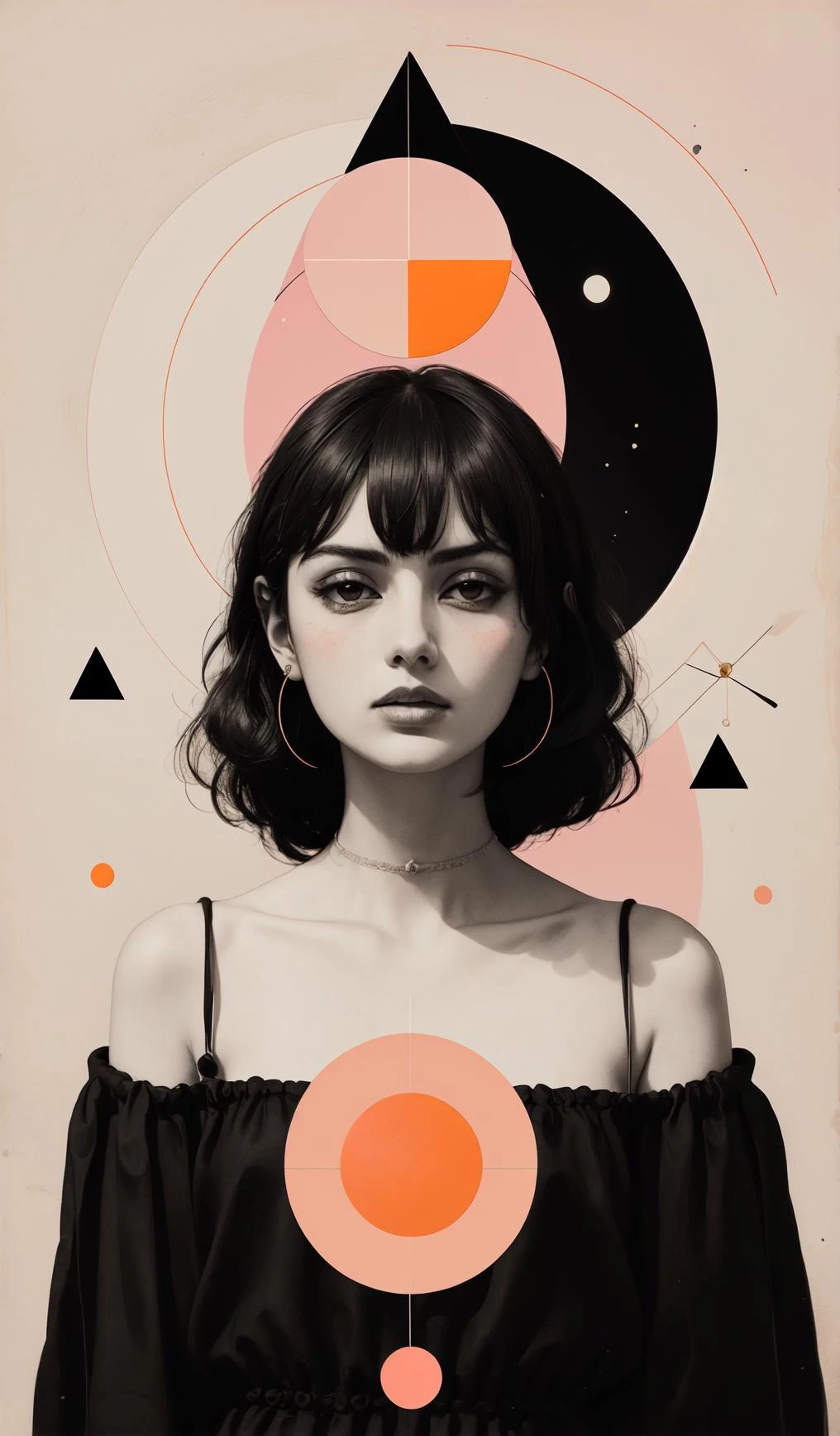 一名女子头顶上有三角形和新月，背景为粉色，上面有橙色圆圈 