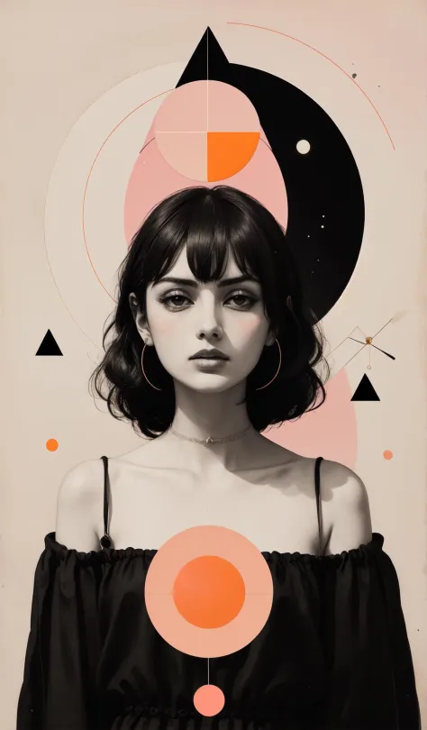 a woman with a triangle and a crescent above her head and a pink background with orange circle <lora:Geometric_Woman:0.8>