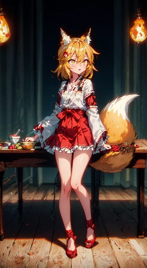 (masterpiece, best quality, full body:1.3), (high detailed eyes, sharp eyes:1.1), orange eyes, animal ears, long hair, blonde hair, over the table, senko, fox girl, glowing eyes, character focus, 